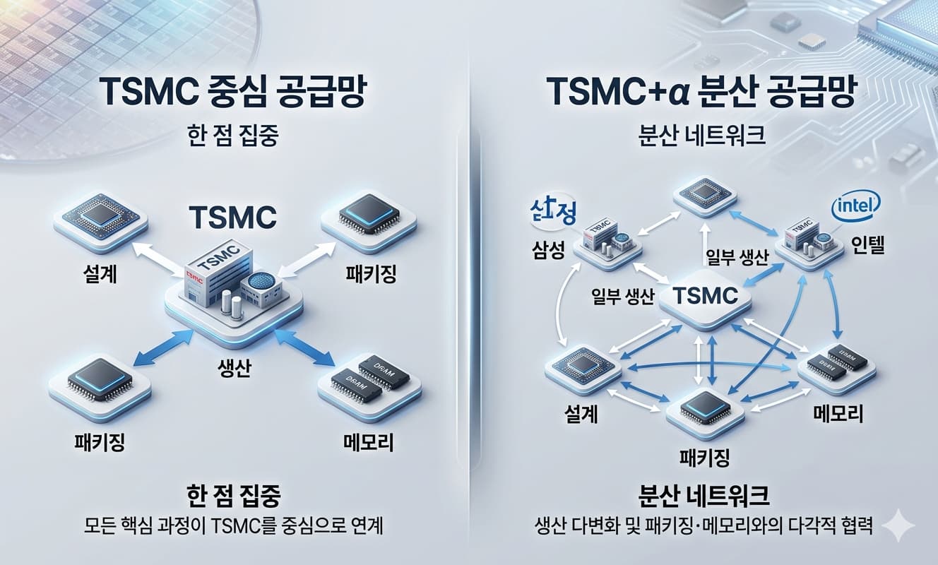 TSMC 중심 공급망’과 ‘TSMC+α 분산 공급망’을 좌우 비교한 도식