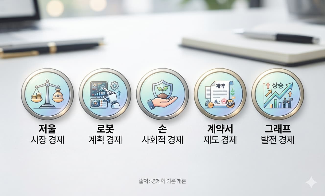 5개 경제학자 관점 비교 다이어그램
