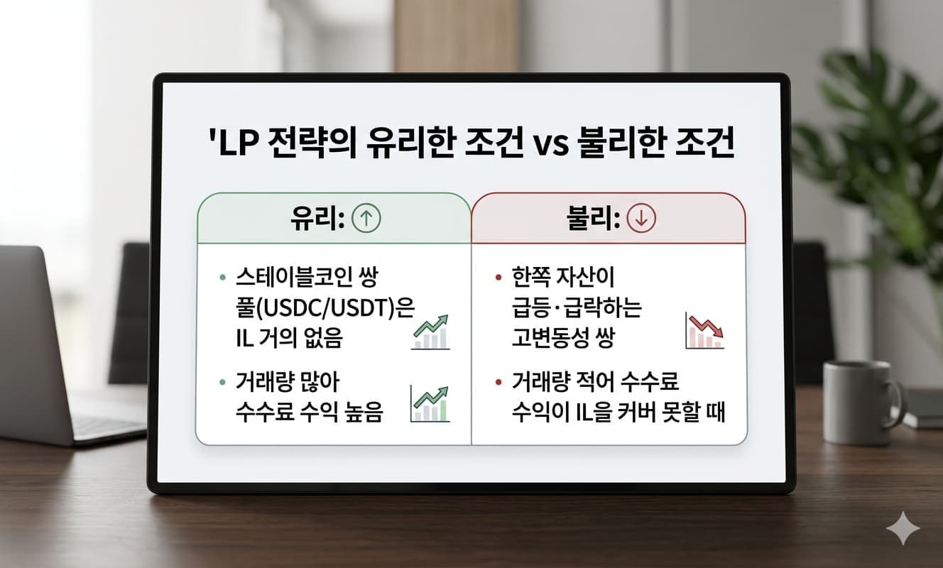 표: LP 전략의 유리한 조건 vs 불리한 조건