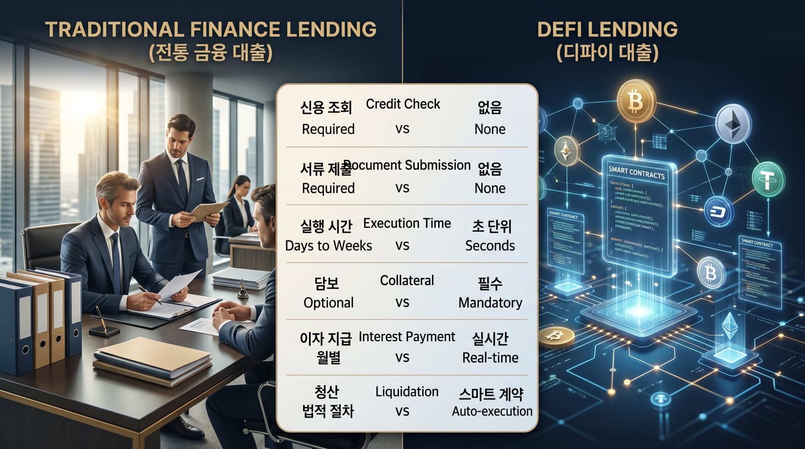 전통 금융 대출 vs DeFi 대출 구조 비교