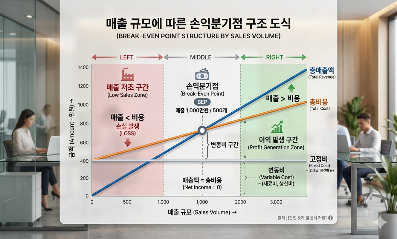 매출 규모에 따라 고정비·변동비·이익이 어떻게 변하는지를 보여주는 손익분기점 구조 도식