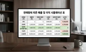 판매량에 따른 매출, 변동비 합계, 고정비, 공헌이익 합계, 순이익을 보여주는 간단한 시뮬레이션 표