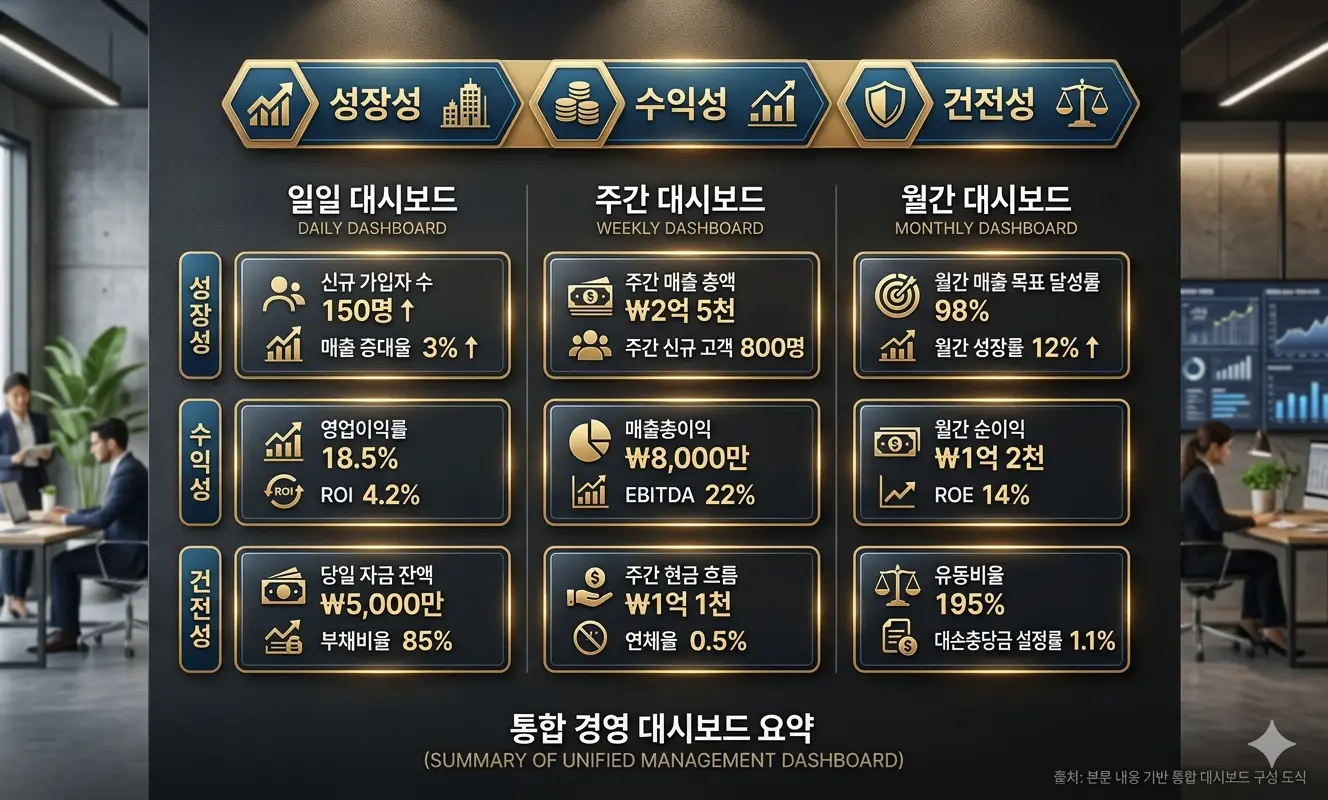 일일·주간·월간 대시보드를 하나의 화면에 요약한 구조 도식