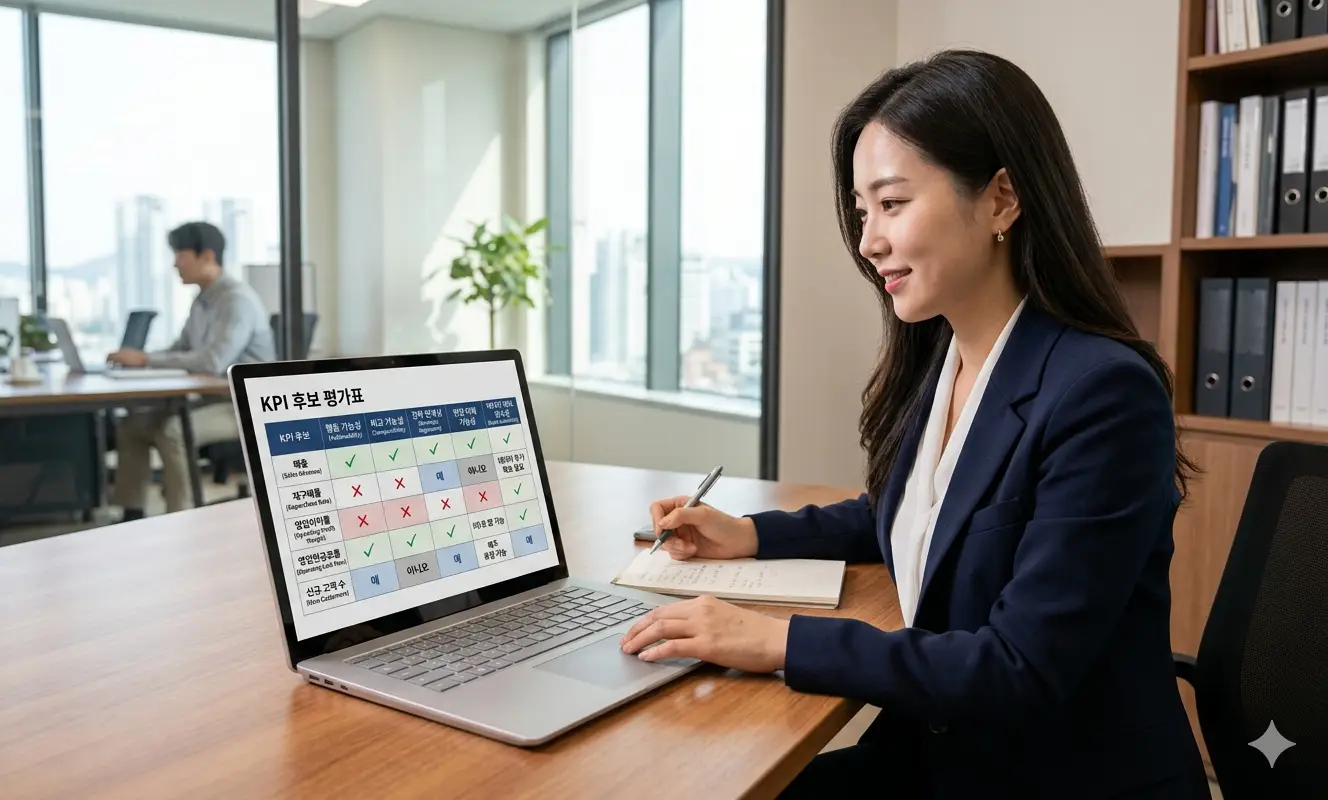 KPI 후보들을 행(예: 매출, 재구매율, 영업이익률, 영업현금흐름 등)로 두고, 열에 "행동 가능성, 비교 가능성, 전략 연계성, 현장 이해 가능성, 데이터 확보 용이성"을 둔 후, 각 칸에 예/아니오 또는 간단한 메모를 적는 평가표 구조.