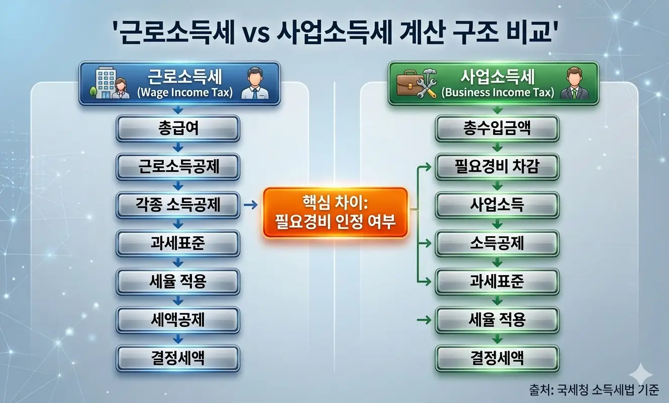 근로소득세 vs 사업소득세 계산 구조 비교