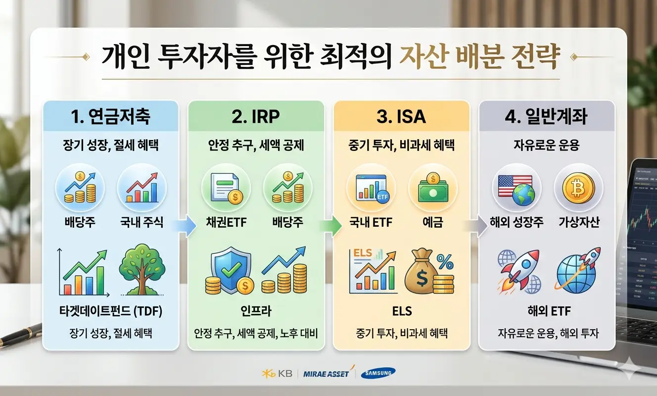 연금저축·IRP·ISA·일반계좌를 4개의 버킷으로 나누고, 각 버킷에 어떤 자산군이 들어가면 유리한지를 색깔과 아이콘으로 표시한 인포그래픽