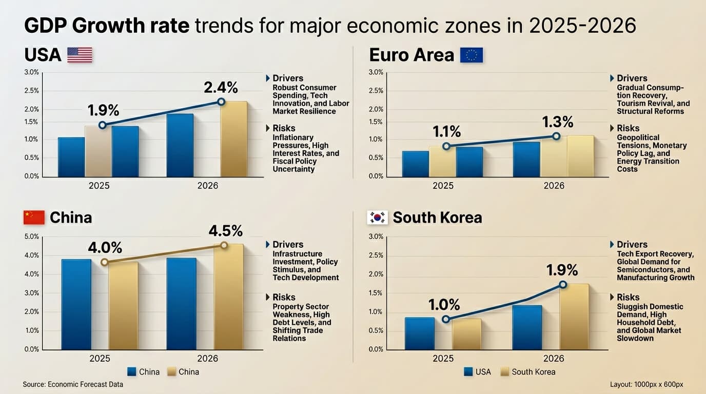 2025~2026년 주요 경제권(미국, 유럽, 중국, 한국)의 GDP 성장률 추이