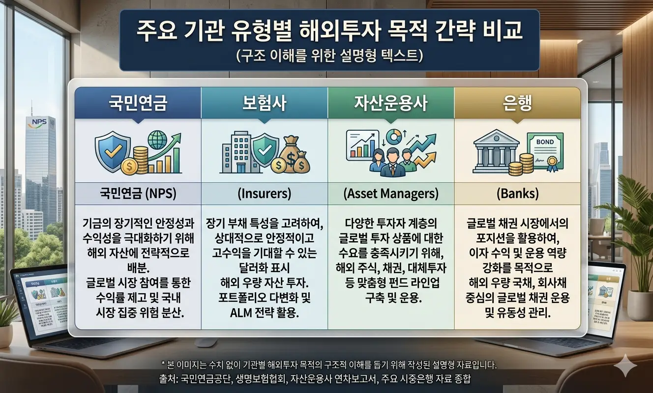 주요 기관 유형별 해외투자 목적 간략 비교