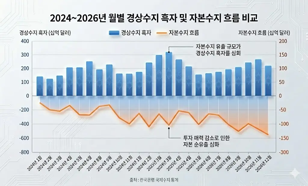 2024~2026년 월별 경상수지 흑자(막대)와 자본수지 흐름(꺾은선)을 겹쳐서 보여주는 이중 축 차트.