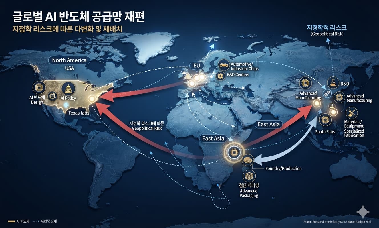 세계 지도 위에 미국·대만·한국·일본·유럽을 표시하고, AI 반도체 생산·패키징·설계·정책 중심지를 아이콘으로 표시한 공급망 지도. 