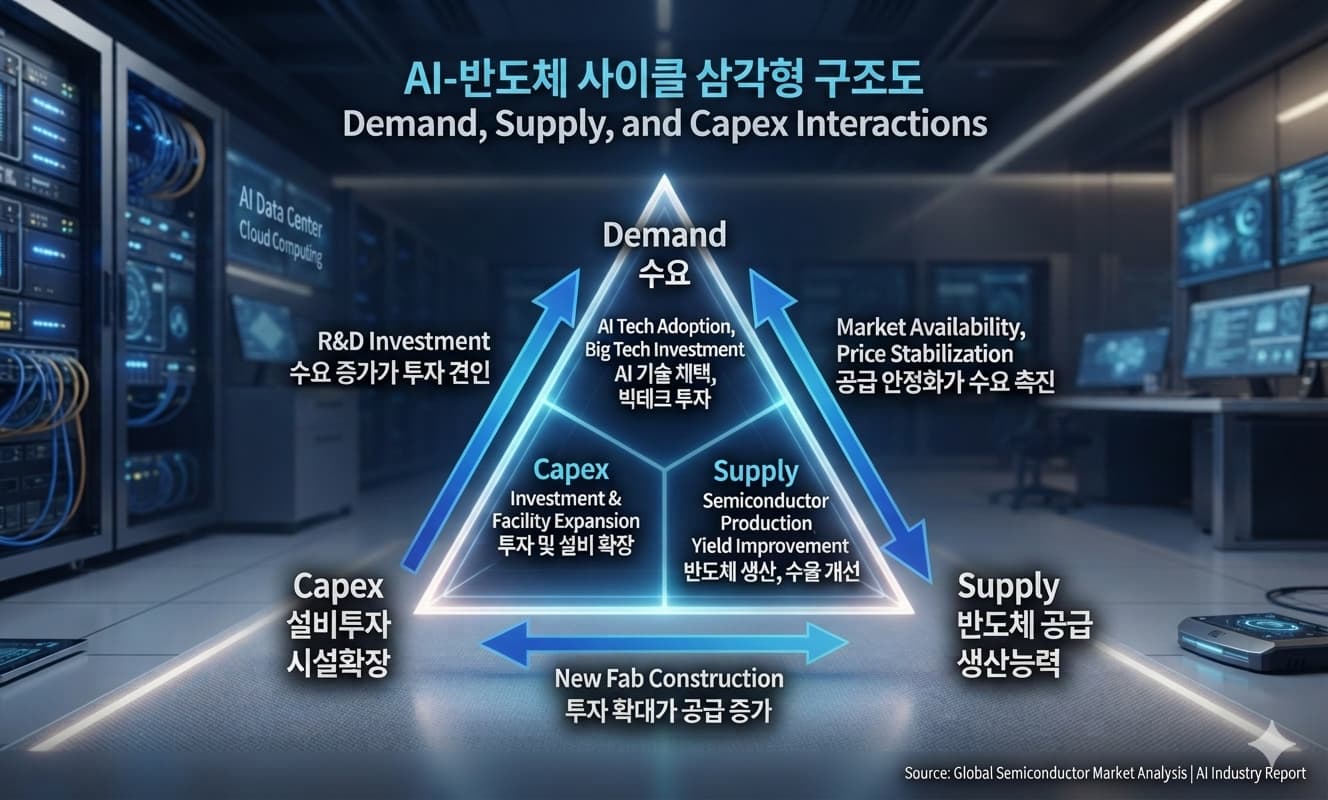 AI–Semiconductor Cycle Triangle Diagram – Demand, Supply, and Capex Interactions