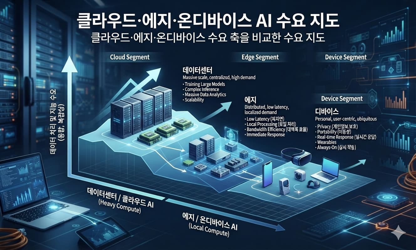 Datacenter vs On-Device AI Demand Landscape Diagram – Cloud, Edge, and Device Segments