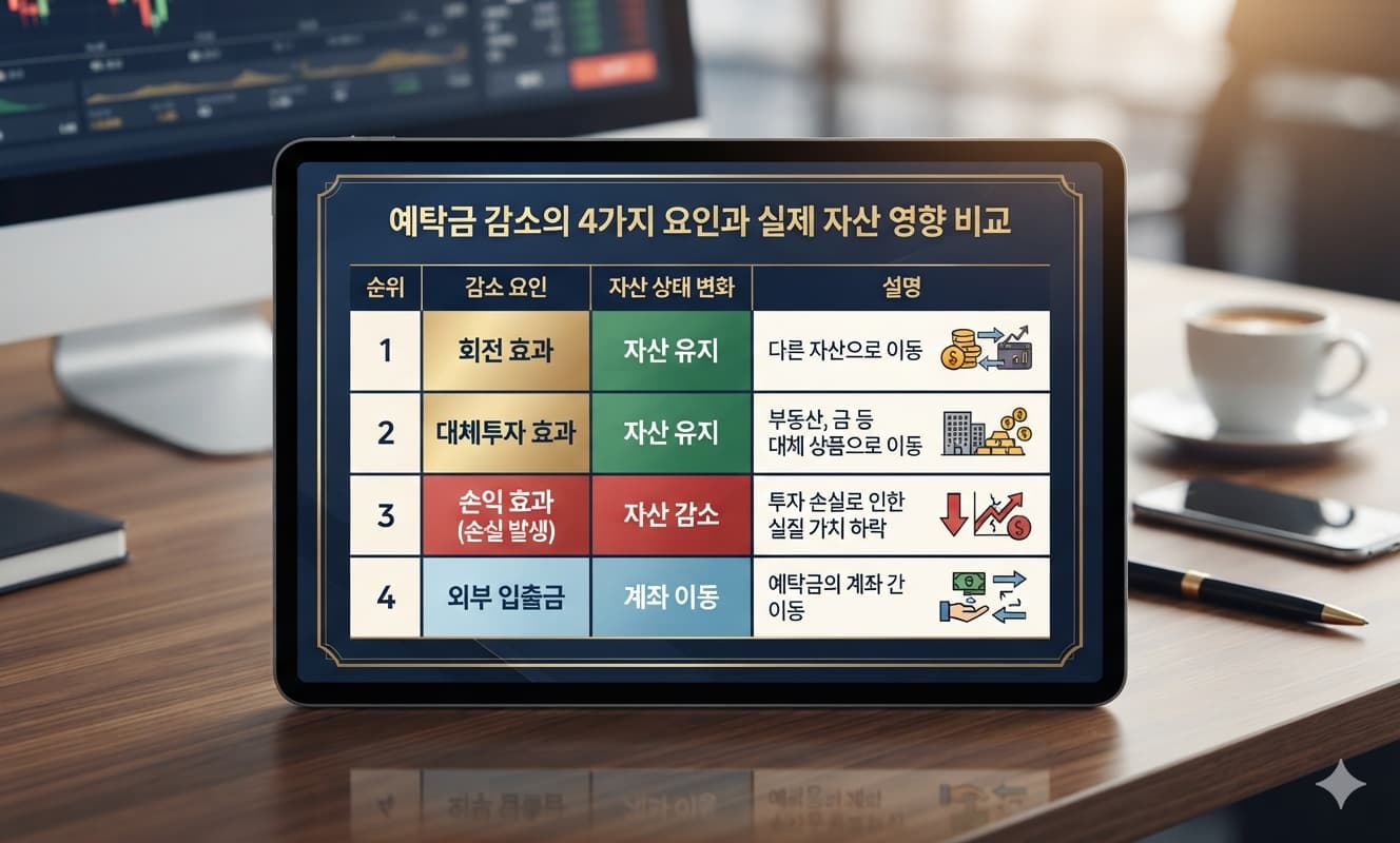 예탁금 감소의 네 가지 요인과 각각이 시장 참여자의 실제 자산에 미치는 영향을 비교하는 간단한 대조표