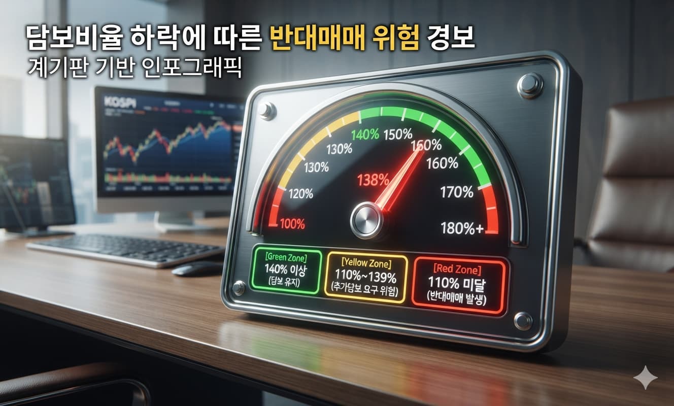 담보비율이 140% 위에서 아래로 떨어지는 과정을 계기판 형태로 표현한 인포그래픽