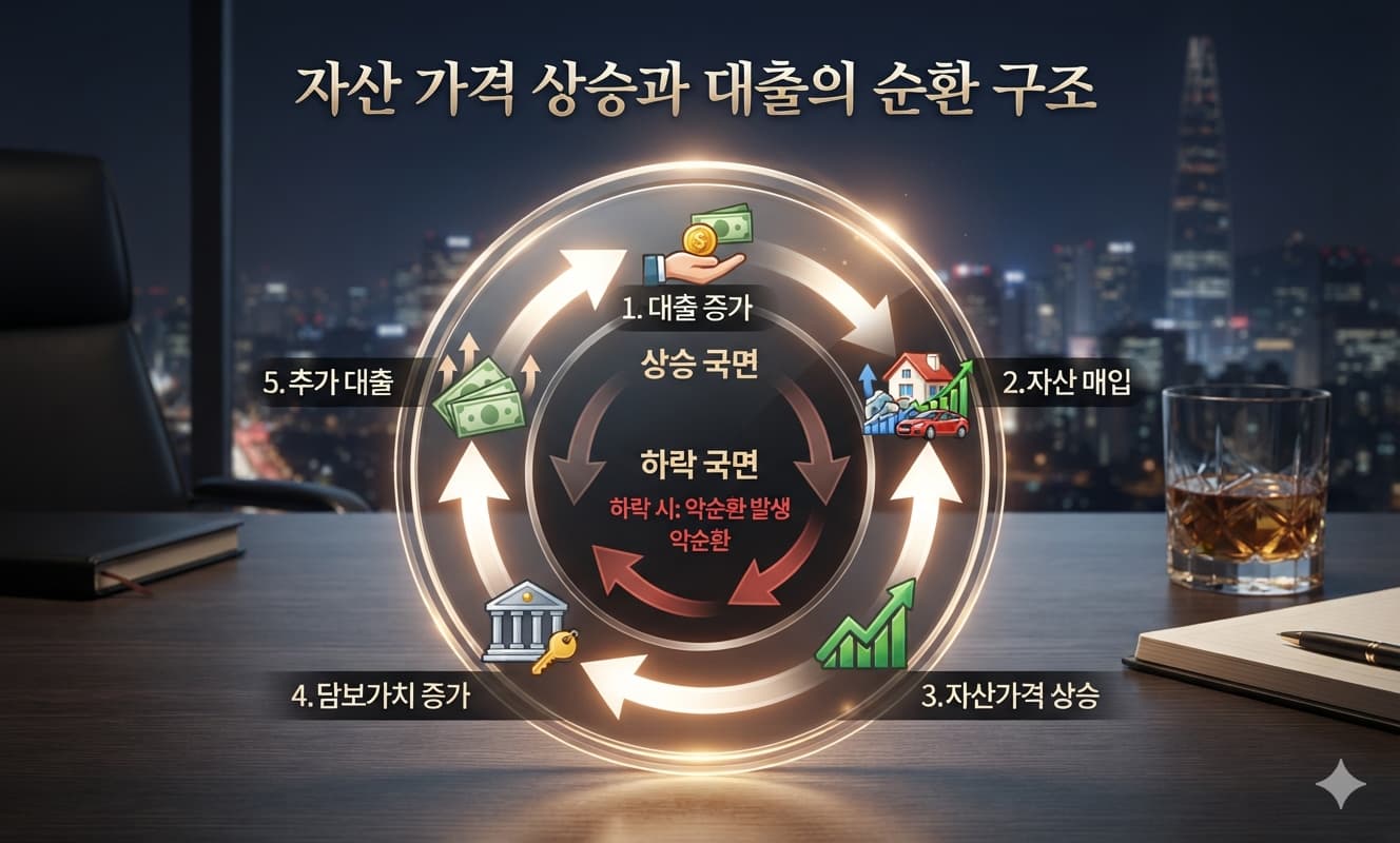 대출 증가 → 자산 매입 → 자산가격 상승 → 담보가치 증가 → 추가 대출”로 이어지는 순환 구조를 원형 다이어그램
