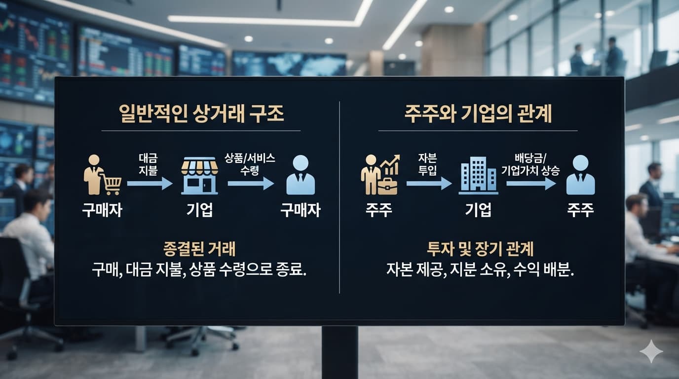 일반적인 상거래 구조를 나타낸 간단한 도식. "구매자 → 대금 지불 → 상품 수령"으로 거래가 종결되는 흐름과, "주주 → 자본 투입 → 배당 수령"이라는 별개의 흐름을 나란히 비교하여 두 관계가 다르다는 것을 시각화