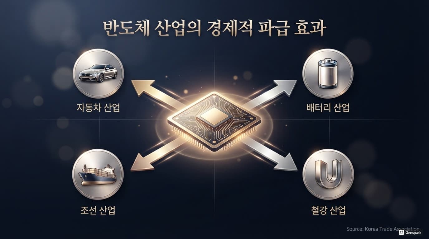 반도체를 중심에 두고 자동차, 배터리, 조선 등 다른 수출 산업으로 파급 효과가 뻗어나가는 모습을 화살표로 표현한 확산형 다이어그램