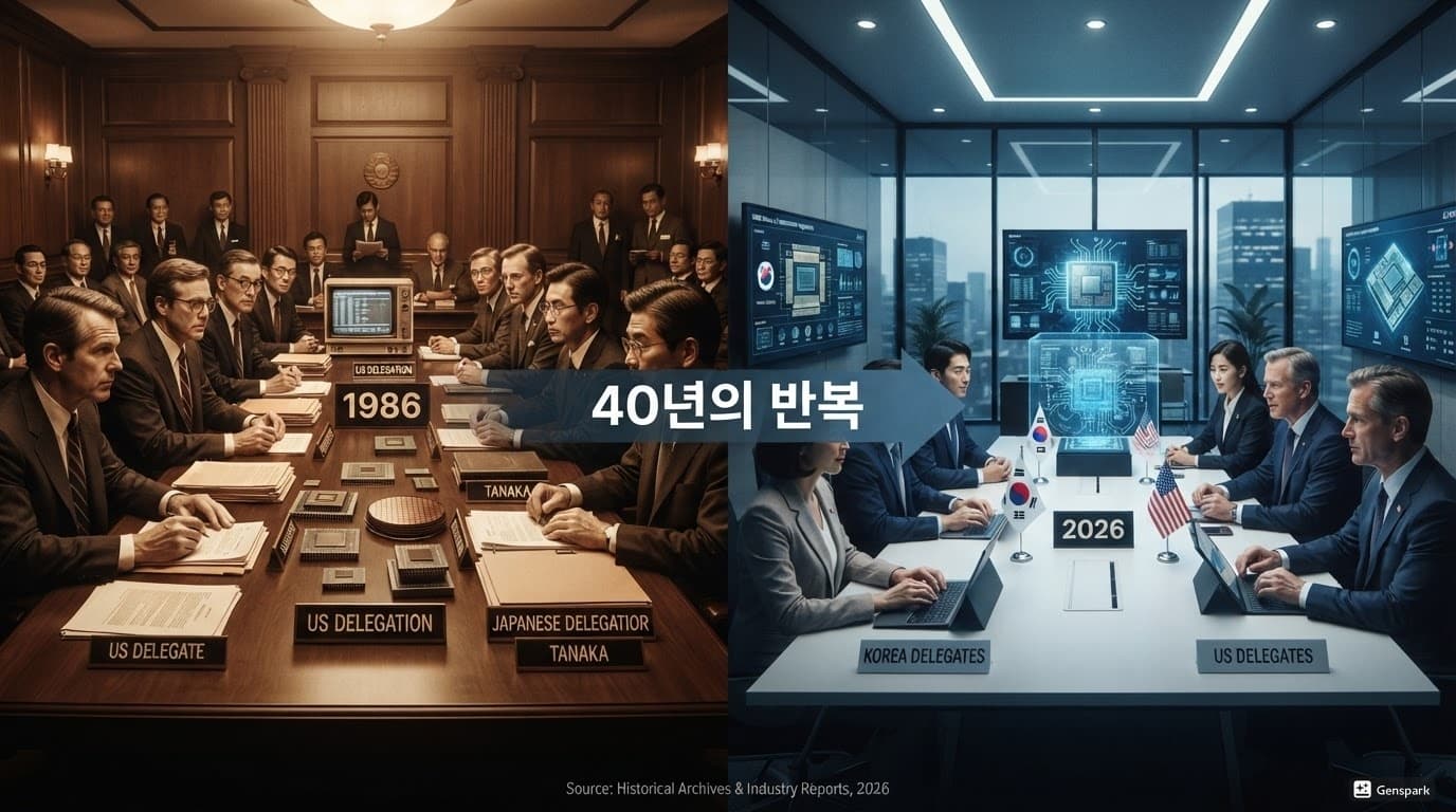 1986년 미일 반도체 협정 당시의 협상 장면과 2026년 현재 한미 반도체 협상 국면을 나란히 배치한 타임라인형 비교 이미지