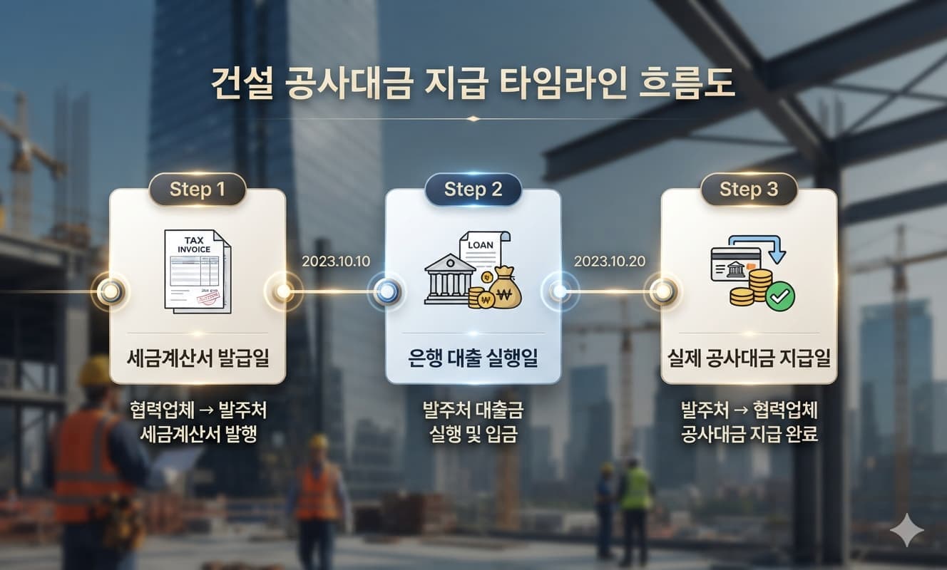"세금계산서 발급일 → 은행 대출 실행일 → 실제 공사대금 지급일"의 순서를 보여주는 흐름도
