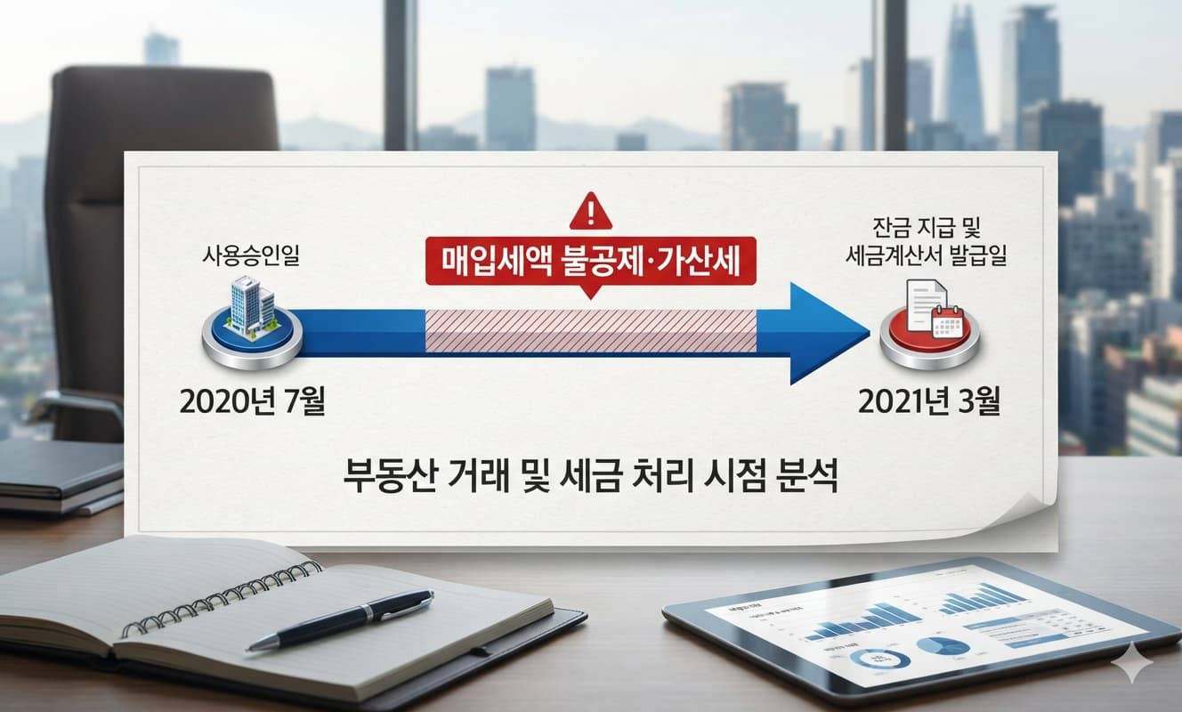 "사용승인일(2020년 7월)"과 "잔금 지급 및 세금계산서 발급일(2021년 3월)"이라는 두 시점 사이의 간극을 화살표로 표시하고, 그 사이에 "매입세액 불공제·가산세"라는 결과를 배치한 타임라인