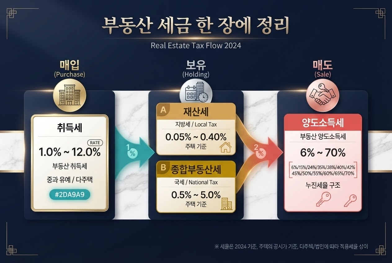 Korean real estate tax flow infographic showing purchase, holding, and sale stages with acquisition tax, property and comprehensive real estate tax, and capital gains tax across the housing lifecycle.