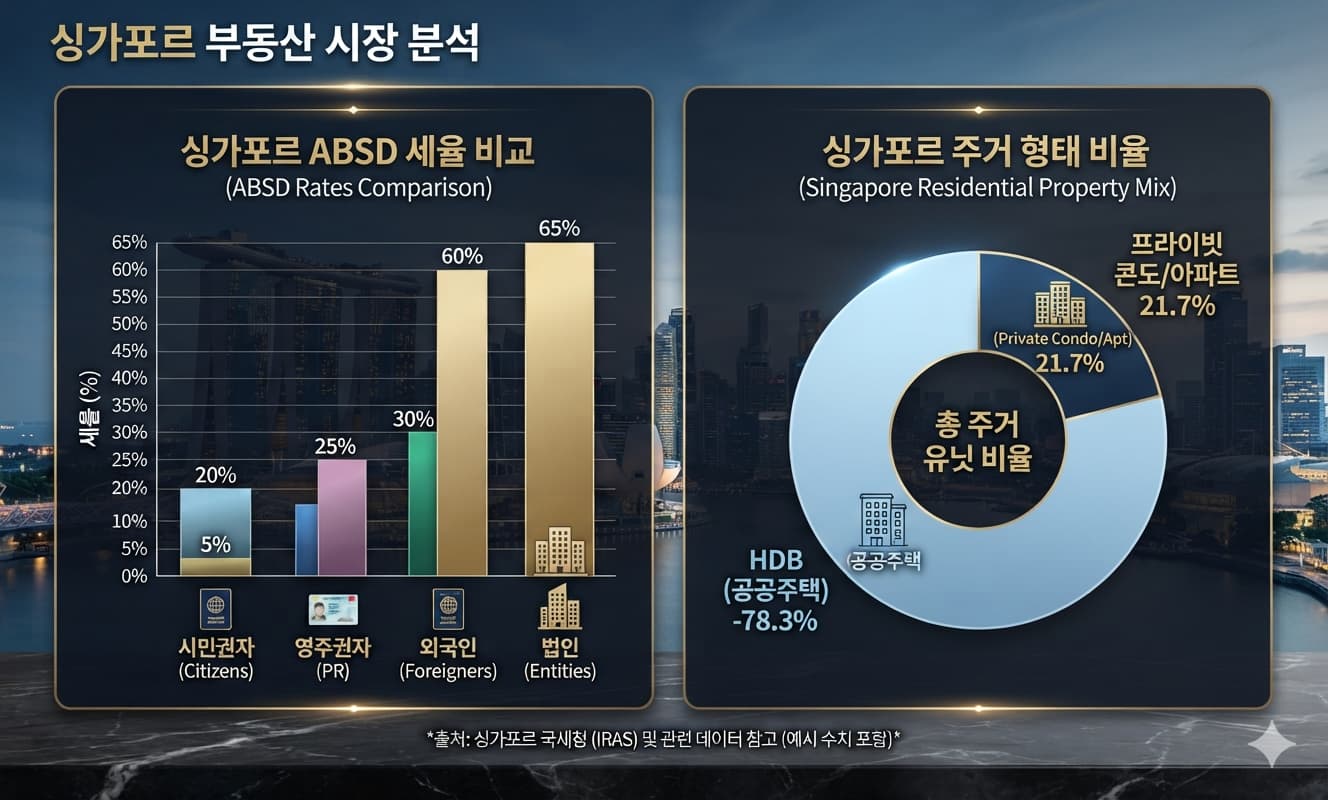 싱가포르 ABSD 세율을 시민권자·영주권자·외국인·법인별로 비교한 간단한 막대그래프.