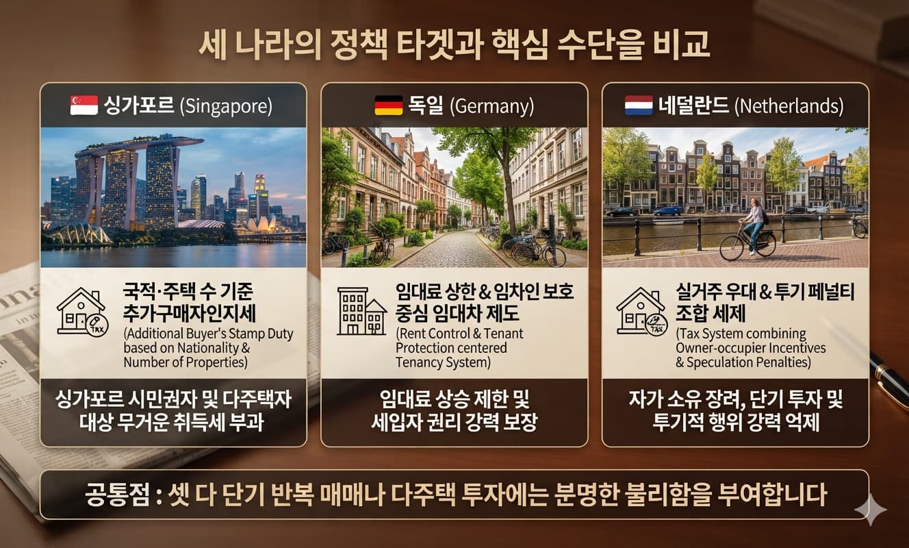 세 나라의 정책 타겟과 핵심 수단을 비교. 싱가포르는 국적·주택 수 기준의 추가구매자인지세, 독일은 임대료 상한과 임차인 보호 중심의 임대차 제도, 네덜란드는 실거주 우대와 투기 페널티를 조합한 세제세 나라의 정책 타겟과 핵심 수단을 비교