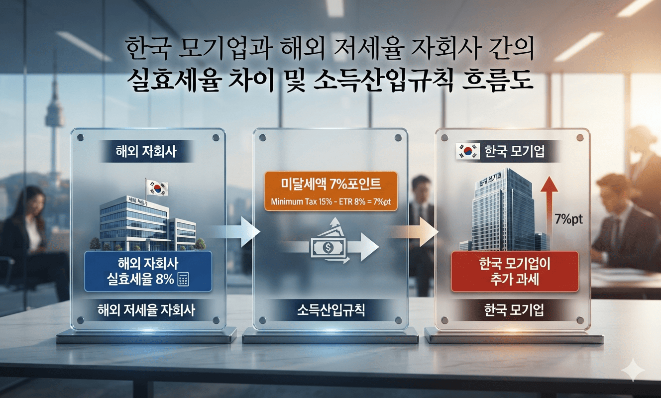 한국 모기업과 해외 저세율 자회사 간의 실효세율 차이를 보여주는 간단한 흐름도