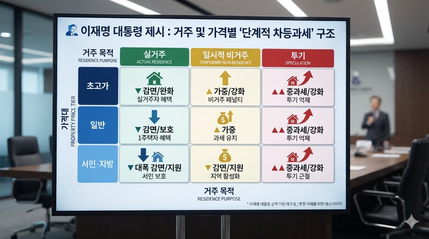 이재명 대통령이 제시한 '단계적 차등과세' 구조를 보여주는 매트릭스 도표