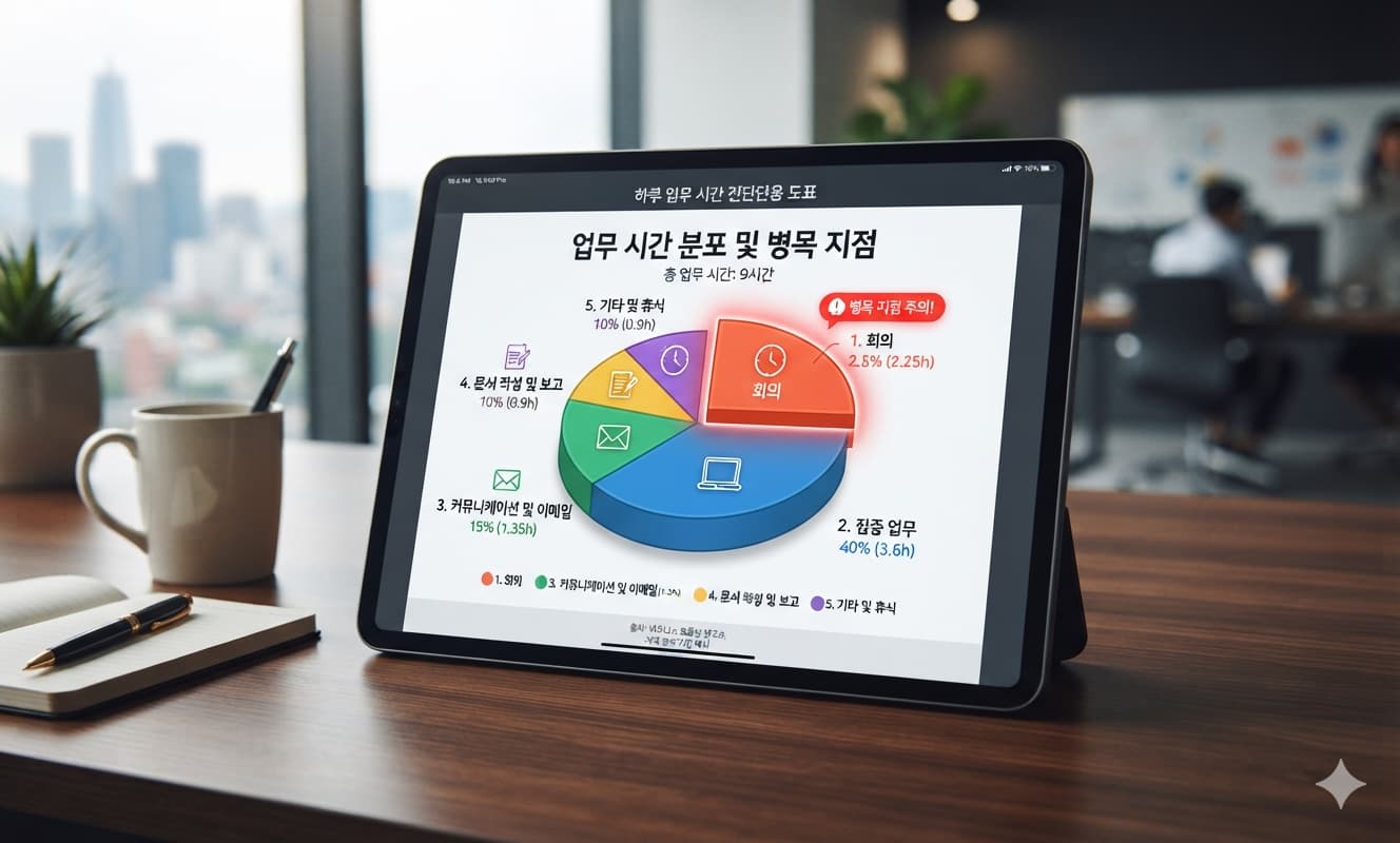 하루 업무 시간을 파이차트 형태로 나눠, 병목 지점이 될 만한 업무 영역을 색으로 강조해 표시한 간단한 진단용 도표