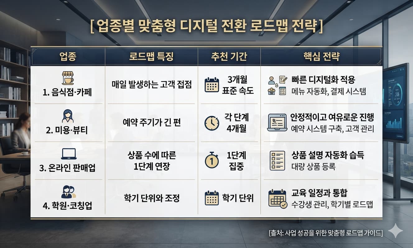표: 고객 접점이 매일 발생하는 음식점·카페는 표준 속도인 3개월 단위 로드맵이 적합하며, 예약 주기가 긴 미용·뷰티 업종은 각 단계를 4개월 정도로 조금 늘려 여유 있게 진행하는 것이 안정적임.