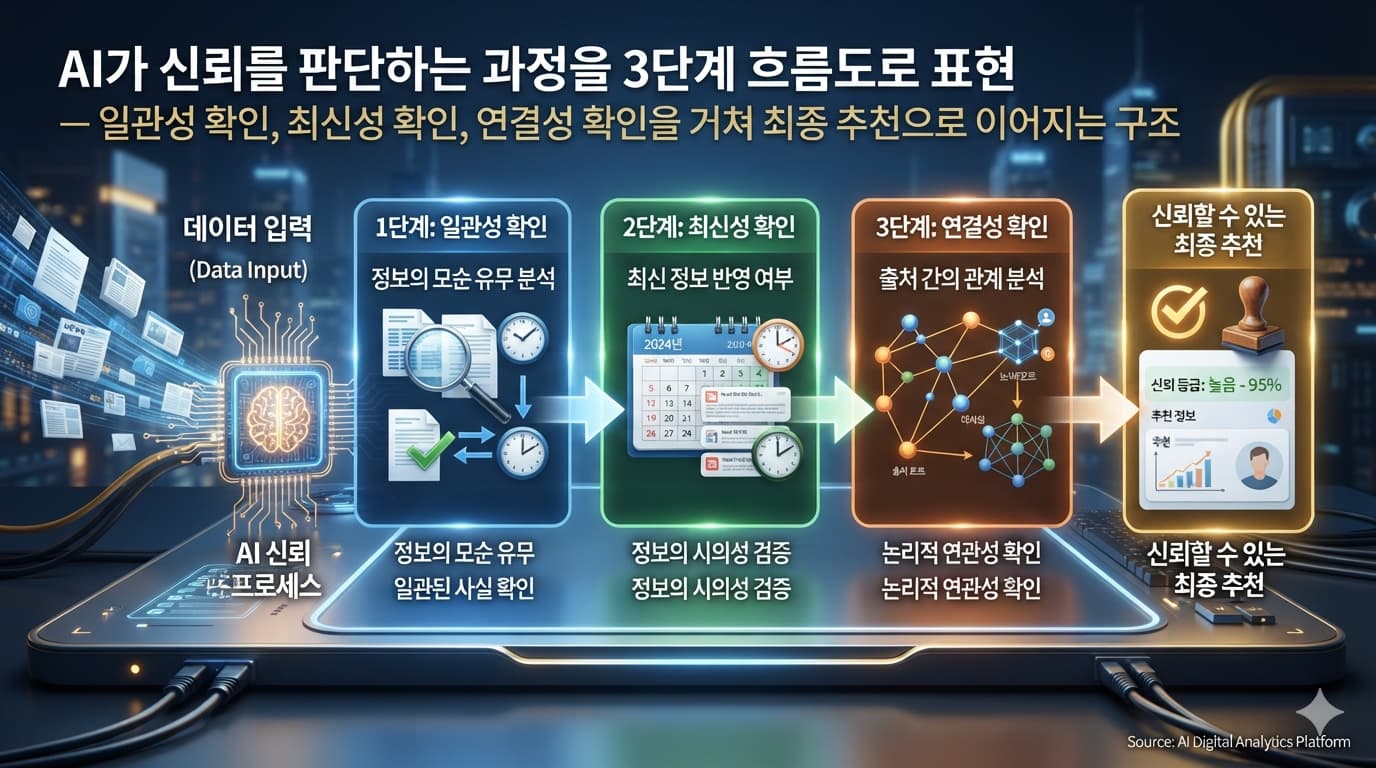 AI가 신뢰를 판단하는 과정을 3단계 흐름도로 표현
