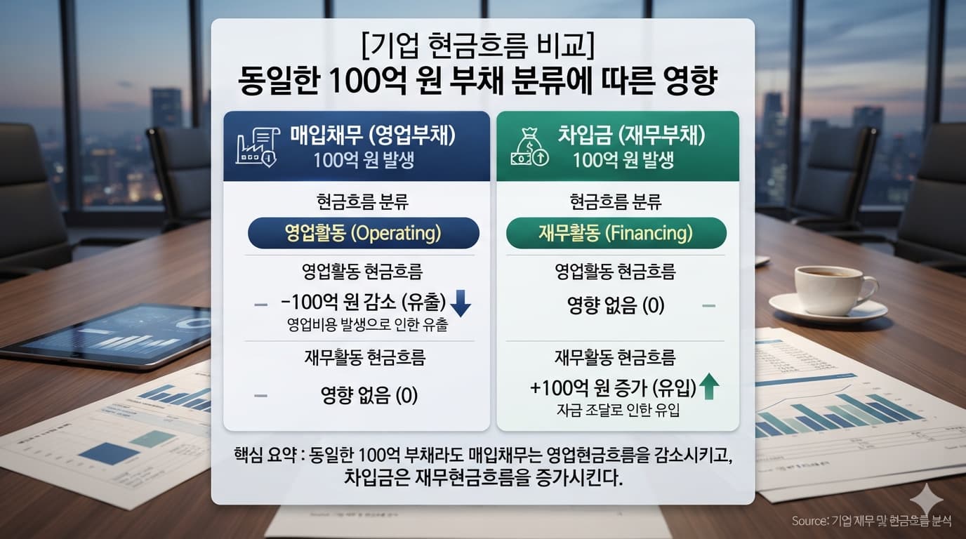동일한 100억 원 규모의 부채가 매입채무로 분류될 때와 차입금으로 분류될 때, 영업현금흐름과 재무현금흐름이 각각 어떻게 달라지는지 보여주는 간단한 비교 도표