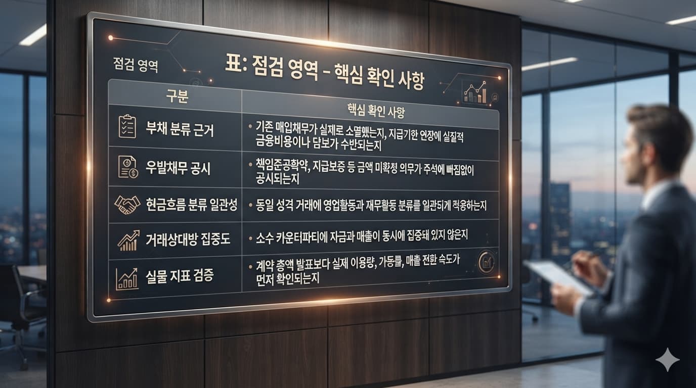 표: 점검 영역 - 핵심 확인 사항 / 부채 분류 근거 - 기존 매입채무가 실제로 소멸했는지, 지급기한 연장에 실질적 금융비용이나 담보가 수반되는지 / 우발채무 공시 - 책임준공확약, 지급보증 등 금액 미확정 의무가 주석에 빠짐없이 공시되는지 / 현금흐름 분류 일관성 - 동일 성격 거래에 영업활동과 재무활동 분류를 일관되게 적용하는지 / 거래상대방 집중도 - 소수 카운터파티에 자금과 매출이 동시에 집중돼 있지 않은지 / 실물 지표 검증 - 계약 총액 발표보다 실제 이용량, 가동률, 매출 전환 속도가 먼저 확인되는지