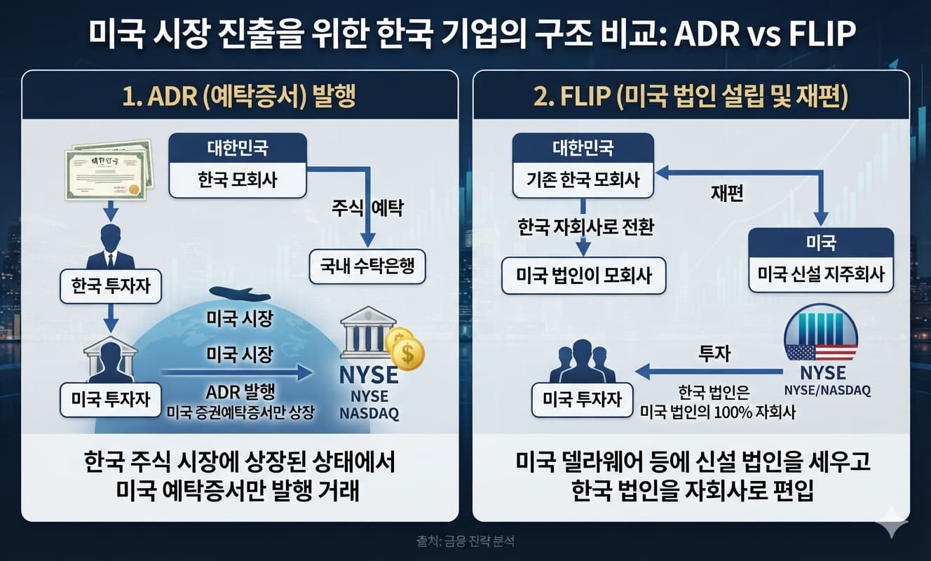 왼쪽엔 '한국 법인 그대로 + 예탁증서 발행'을 보여주는 ADR 구조도, 오른쪽엔 '미국 신설법인이 한국 법인을 자회사로 편입'하는 FLIP 구조도를 나란히 배치한 비교 인포그래픽