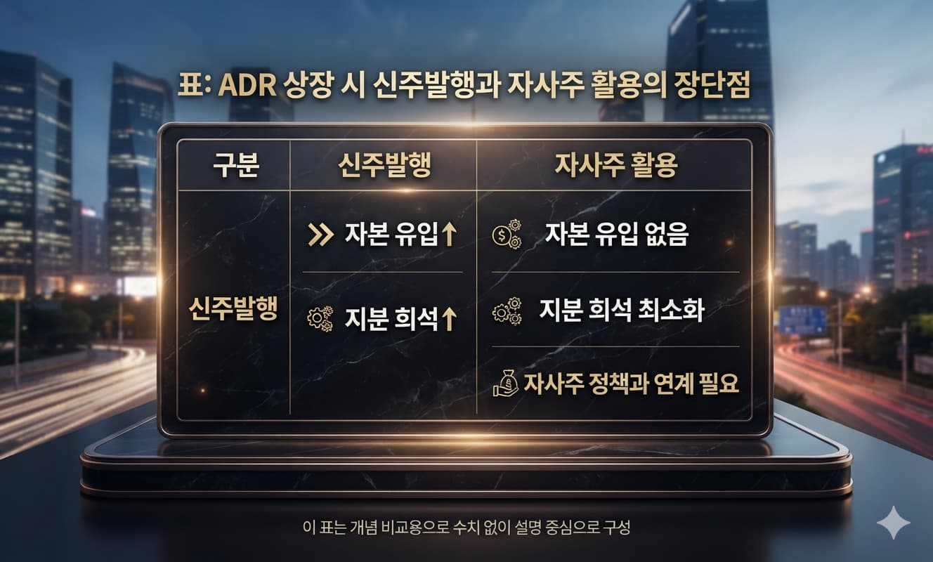 표: ADR 상장 시 신주발행과 자사주 활용의 장단점