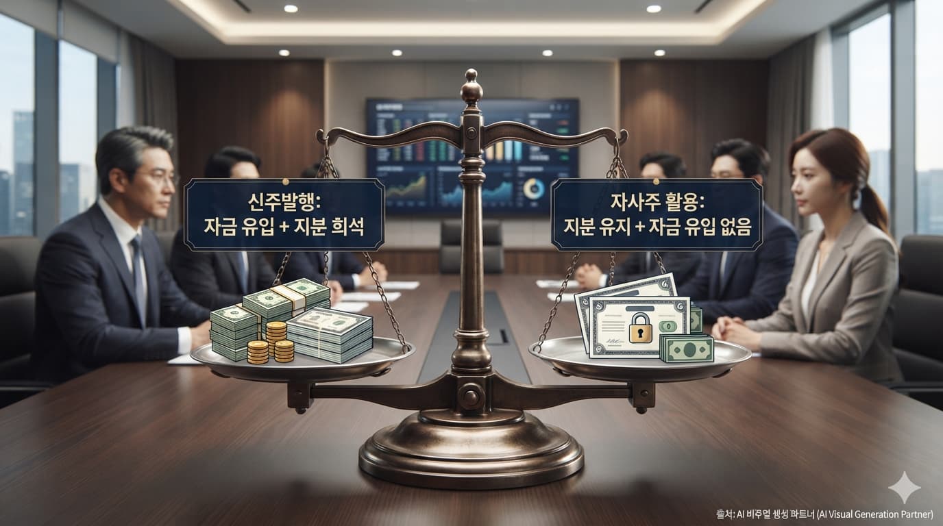 저울 이미지 위에 왼쪽 접시엔 "신주발행: 자금 유입 + 지분 희석", 오른쪽 접시엔 "자사주 활용: 지분 유지 + 자금 유입 없음"이라는 문구를 얹어 이사회가 두 조건을 저울질하는 과정을 시각화한 인포그래픽