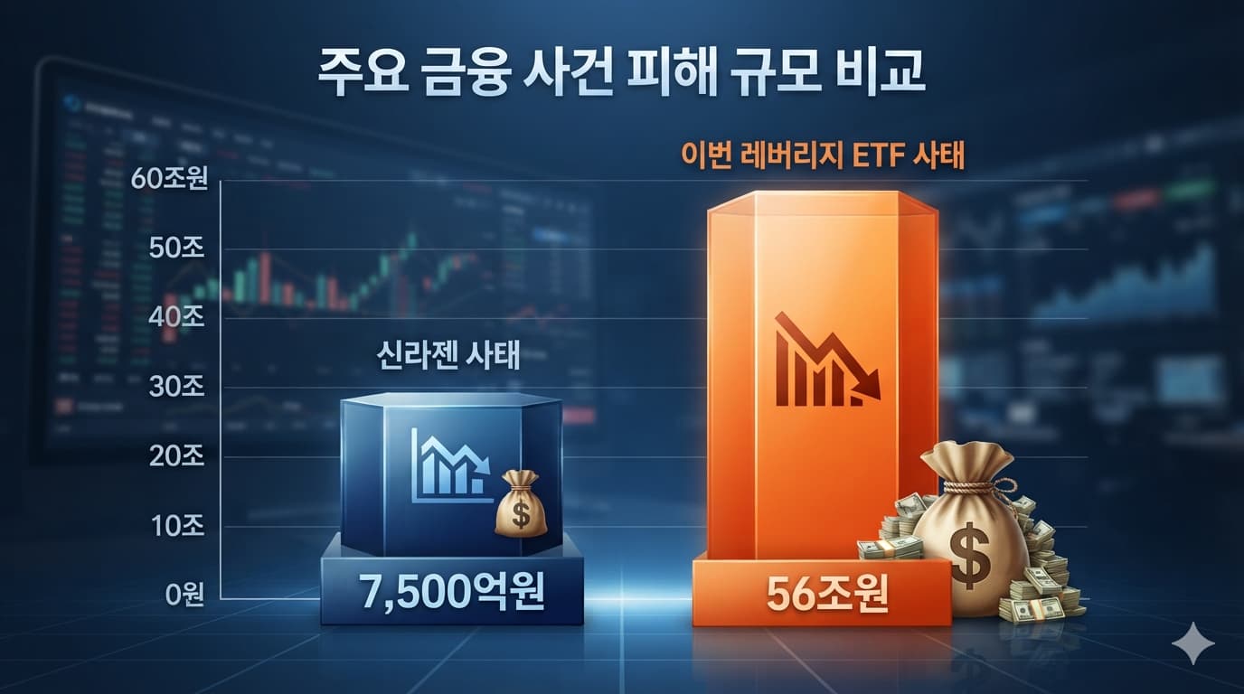 신라젠 사태(7500억원)와 이번 레버리지 ETF 사태(56조원)의 피해 규모를 막대그래프