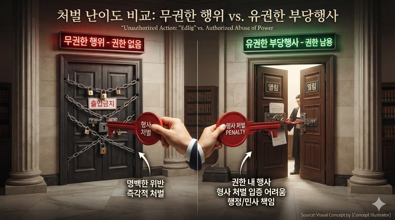 "무권한 행위"와 "유권한 부당행사"를 두 개의 문으로 비유해, 어느 쪽이 처벌하기 쉬운지 보여주는 간단한 개념도