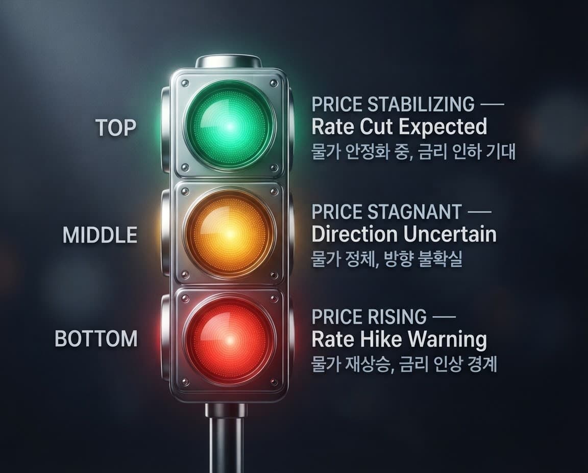 Traffic light infographic showing inflation status: green for cooling, yellow for stalled, red for rising prices