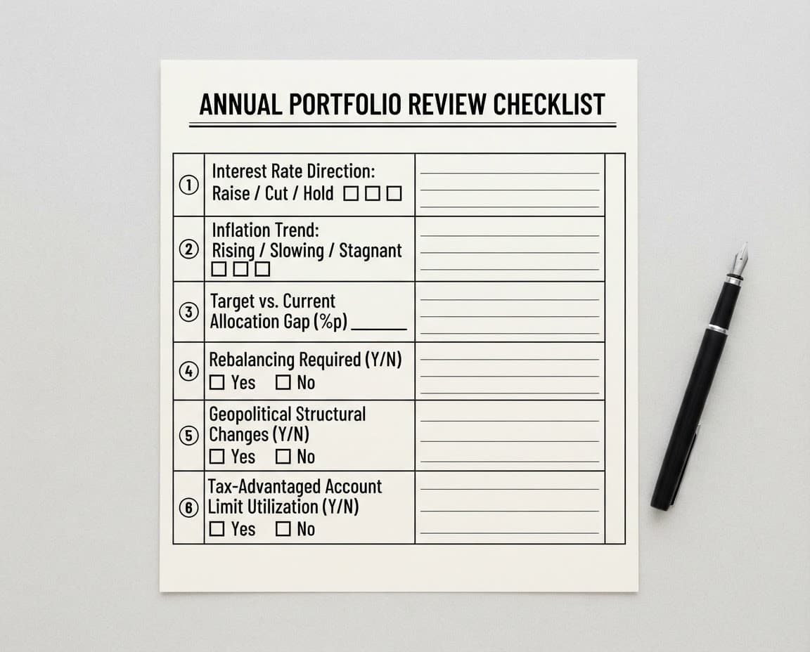 Annual investment portfolio checklist card with six checkboxes for rates, inflation, and rebalancing