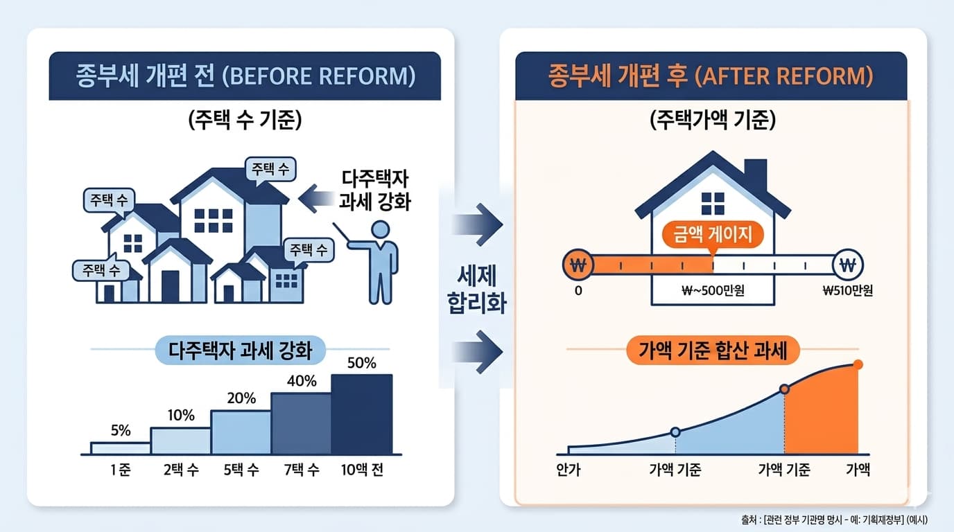 2026 세제개편안의 종부세 주택 수 기준과 주택가액 기준 비교 인포그래픽