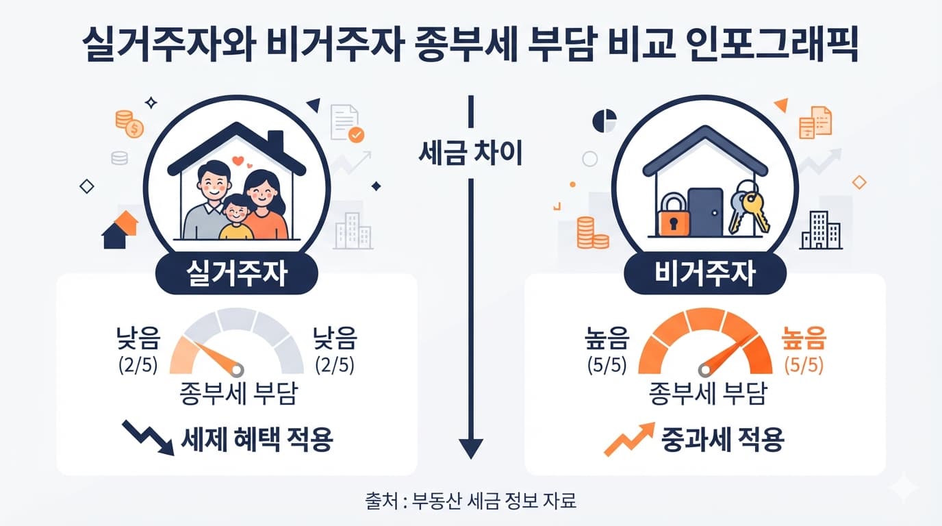 종부세 개편에 따른 실거주자와 비거주자 세부담 비교 인포그래픽