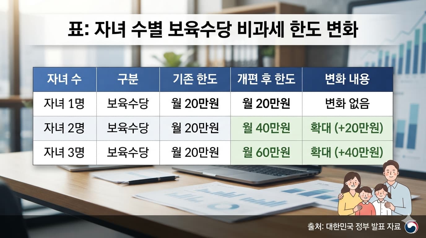 표: 자녀 수별 보육수당 비과세 한도 변화