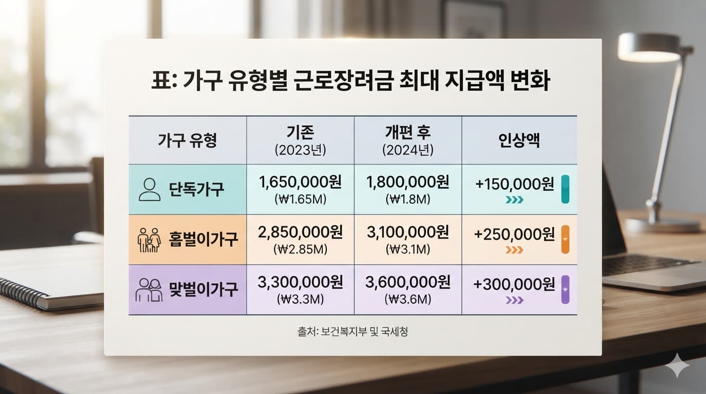 표: 가구 유형별 근로장려금 최대 지급액 변화 — 단독가구: 기존 165만원, 개편 후 180만원 / 홑벌이가구: 기존 285만원, 개편 후 310만원 / 맞벌이가구: 기존 330만원, 개편 후 360만원