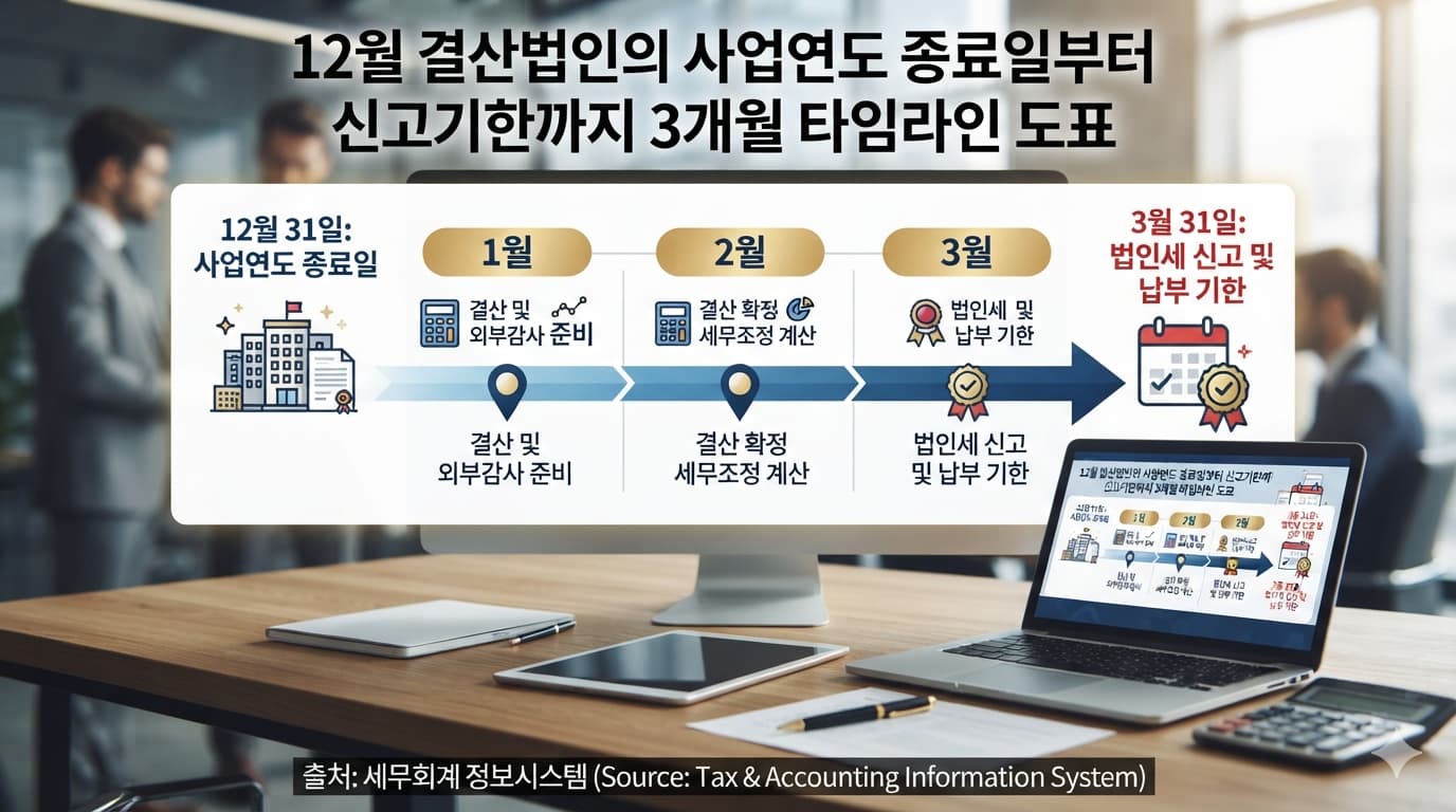 12월 결산법인의 사업연도 종료일부터 신고기한까지 3개월 타임라인 도표