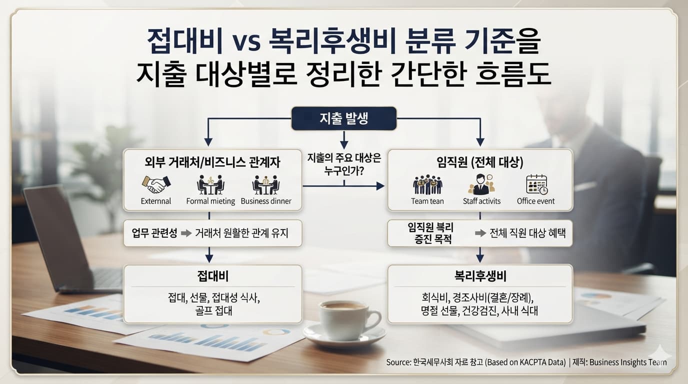 접대비 vs 복리후생비 분류 기준을 지출 대상별로 정리한 간단한 흐름도