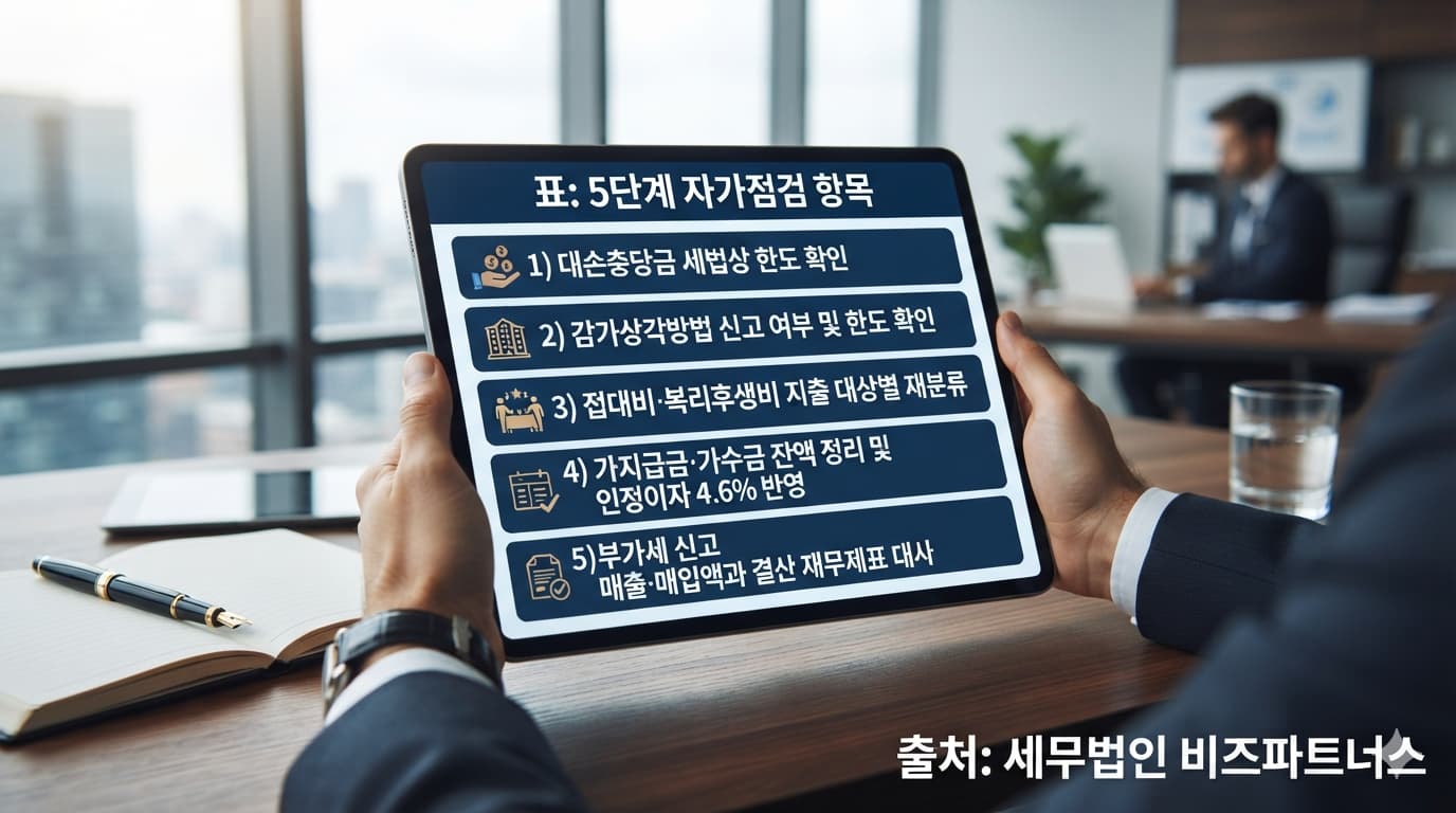 표: 5단계 자가점검 항목 – 1) 대손충당금 세법상 한도 확인, 2) 감가상각방법 신고 여부 및 한도 확인, 3) 접대비·복리후생비 지출 대상별 재분류, 4) 가지급금·가수금 잔액 정리, 5) 부가세 신고 매출·매입액과 결산 재무제표 대사