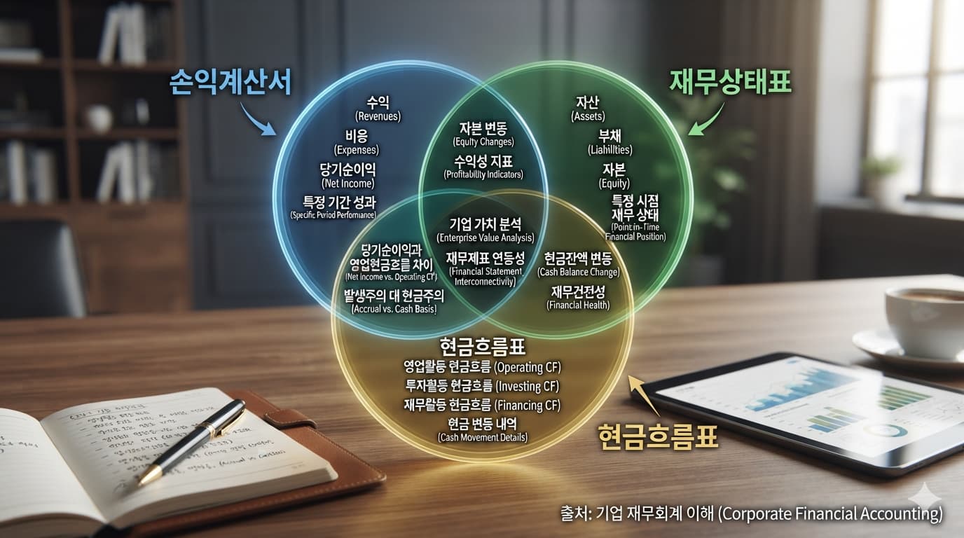 손익계산서·재무상태표·현금흐름표가 각각 담당하는 정보 영역을 원 세 개가 겹치는 벤다이어그램으로 표현한 도표
