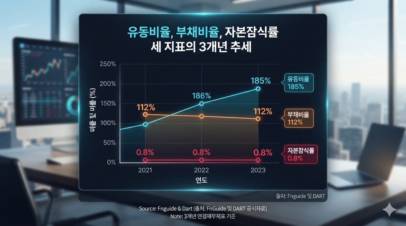 유동비율, 부채비율, 자본잠식률 세 지표의 3개년 추세를 나타낸 꺾은선 그래프